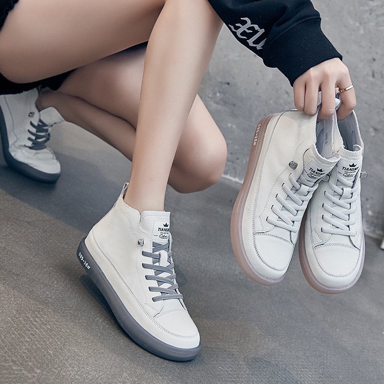 Leather High-top Shoes Women's First Layer Cowhide Spring And Autumn New - الصورة 6