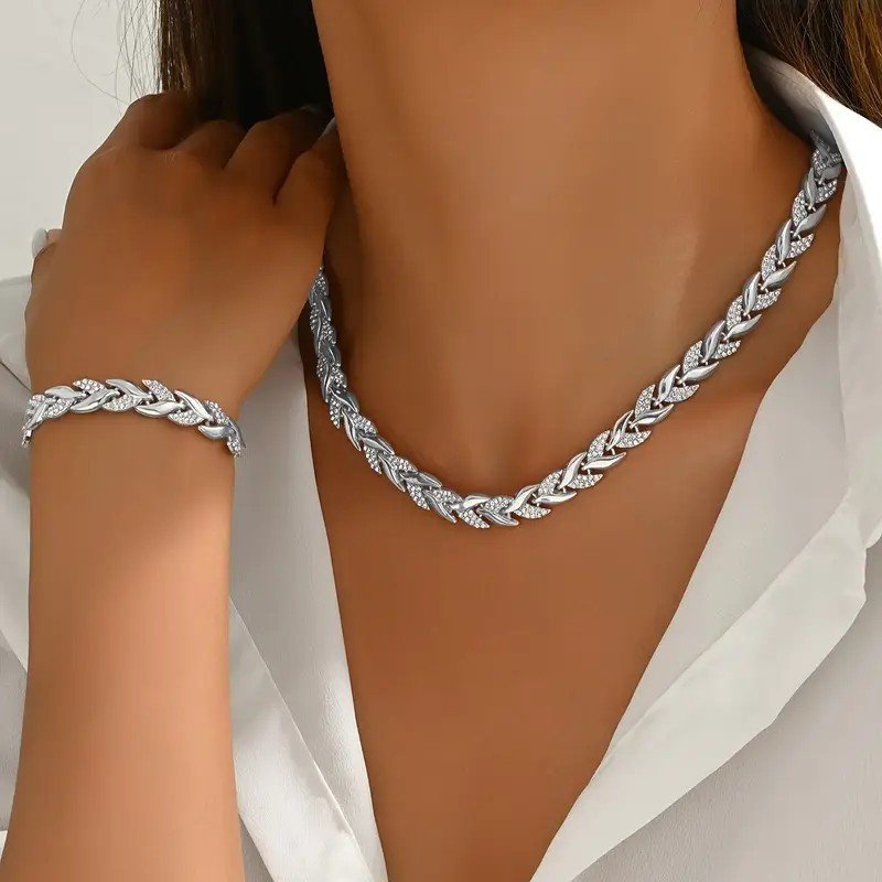 Women's Personality Affordable Luxury Willow Leaf Diamond Bracelet Necklace - الصورة 2