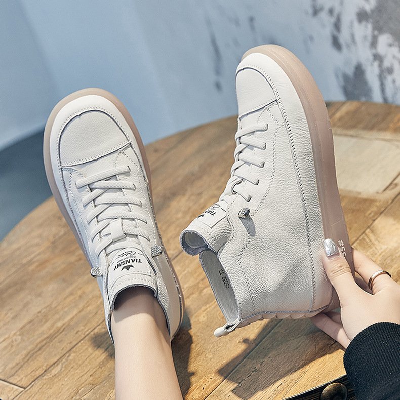 Leather High-top Shoes Women's First Layer Cowhide Spring And Autumn New - الصورة 2