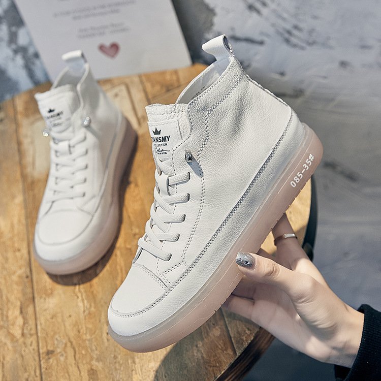 Leather High-top Shoes Women's First Layer Cowhide Spring And Autumn New - الصورة 3