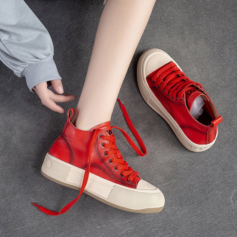 High-top Casual Sneakers First Layer Cowhide Toe Box Women's Shoes Vintage - الصورة 3