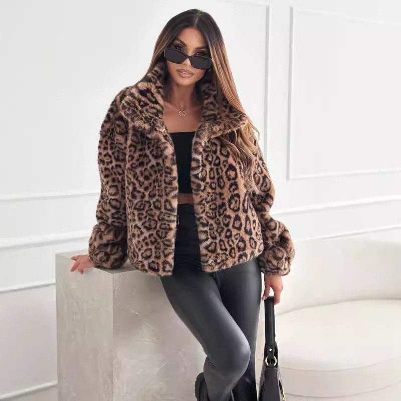 Fashion Personality New Autumn And Winter Fur Leopard Print Lapel Short Coat - الصورة 3