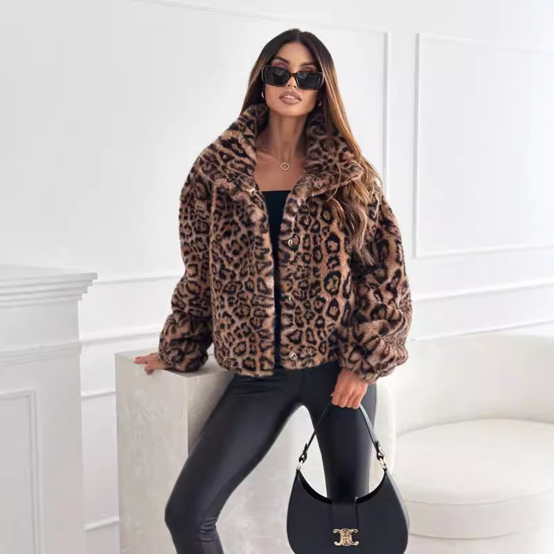 Fashion Personality New Autumn And Winter Fur Leopard Print Lapel Short Coat - الصورة 4