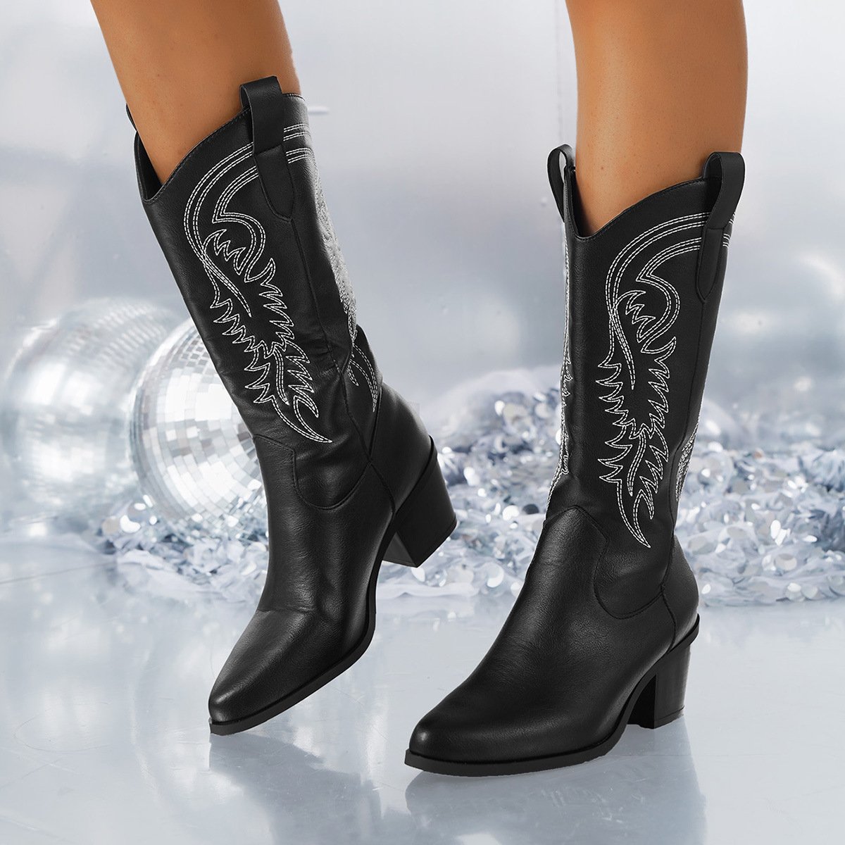 High Heel White Western Cowboy Knight Boots - الصورة 3