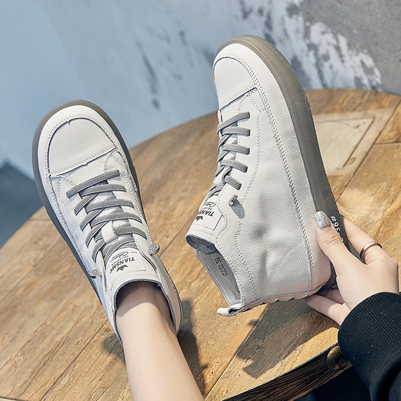 Leather High-top Shoes Women's First Layer Cowhide Spring And Autumn New - الصورة 4