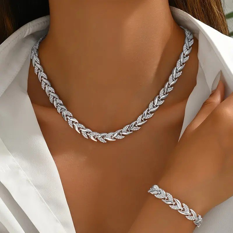 Women's Personality Affordable Luxury Willow Leaf Diamond Bracelet Necklace - الصورة 3