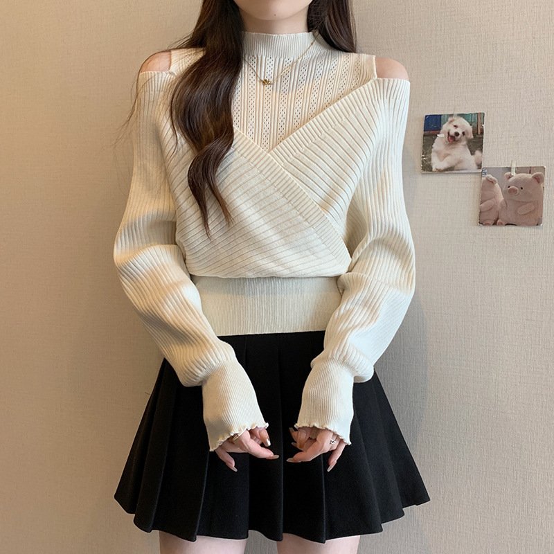 Spliced Long-sleeved Off-shoulder Knitted Slim-fit Semi-high Neck Sweater - الصورة 3