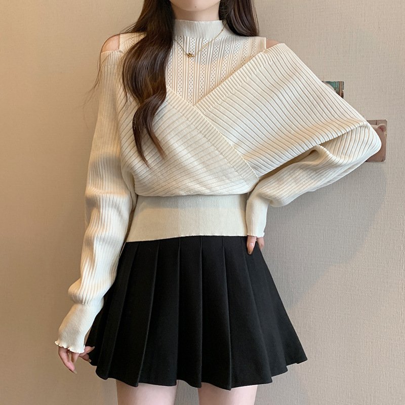 Spliced Long-sleeved Off-shoulder Knitted Slim-fit Semi-high Neck Sweater - الصورة 4