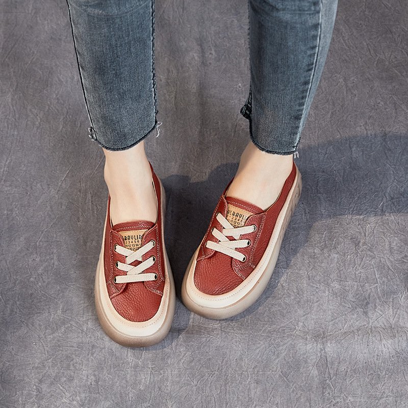 First Layer Cowhide Shallow Mouth Pumps Female Genuine Leather Casual Board Shoes Rubber Platform Shoes - الصورة 8