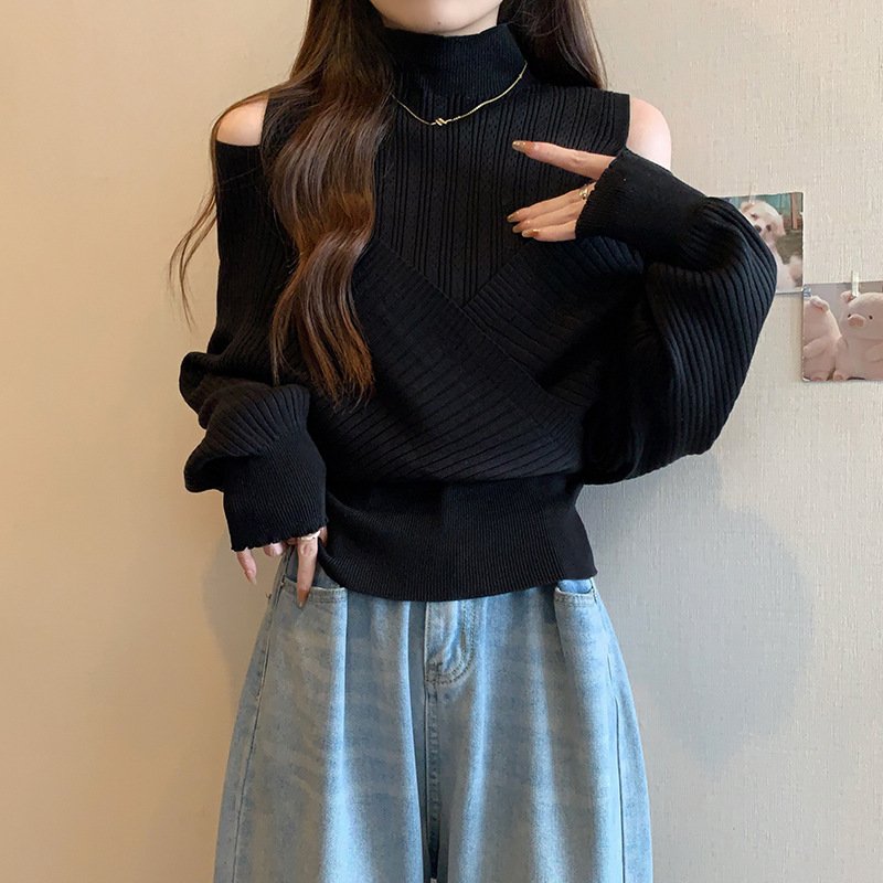 Spliced Long-sleeved Off-shoulder Knitted Slim-fit Semi-high Neck Sweater - الصورة 5