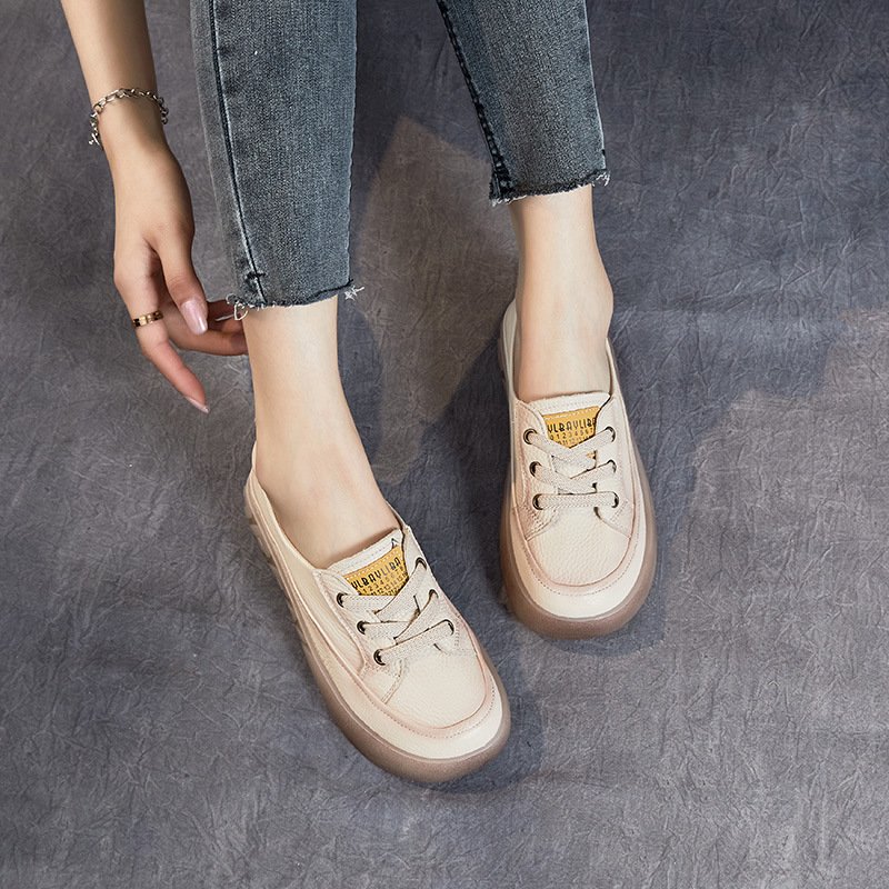 First Layer Cowhide Shallow Mouth Pumps Female Genuine Leather Casual Board Shoes Rubber Platform Shoes - الصورة 2