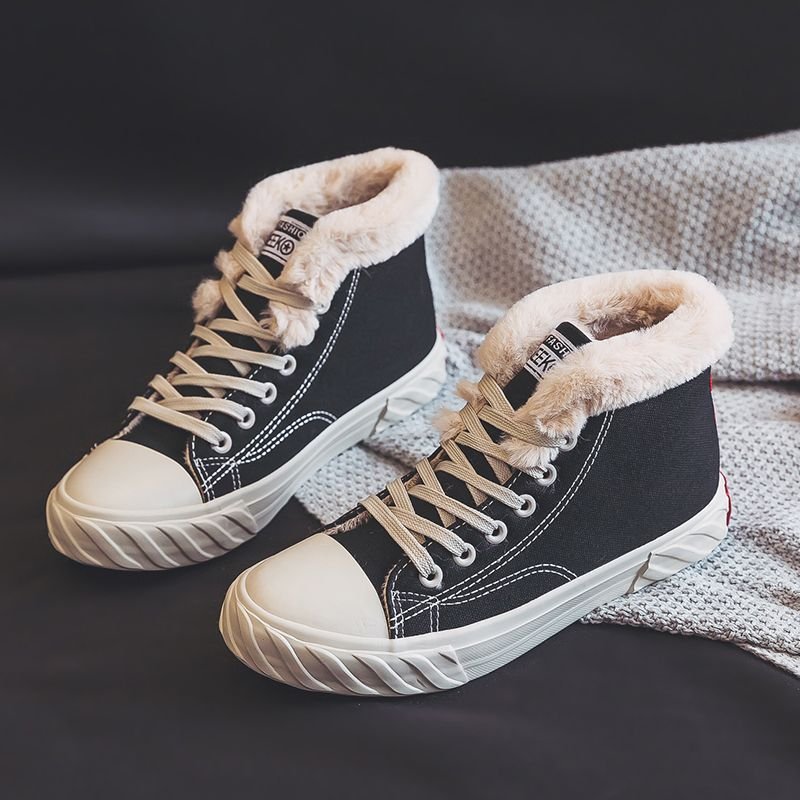 Women's Warm Black Winter Thick Flat High-top With Velvet Canvas Shoes - الصورة 2