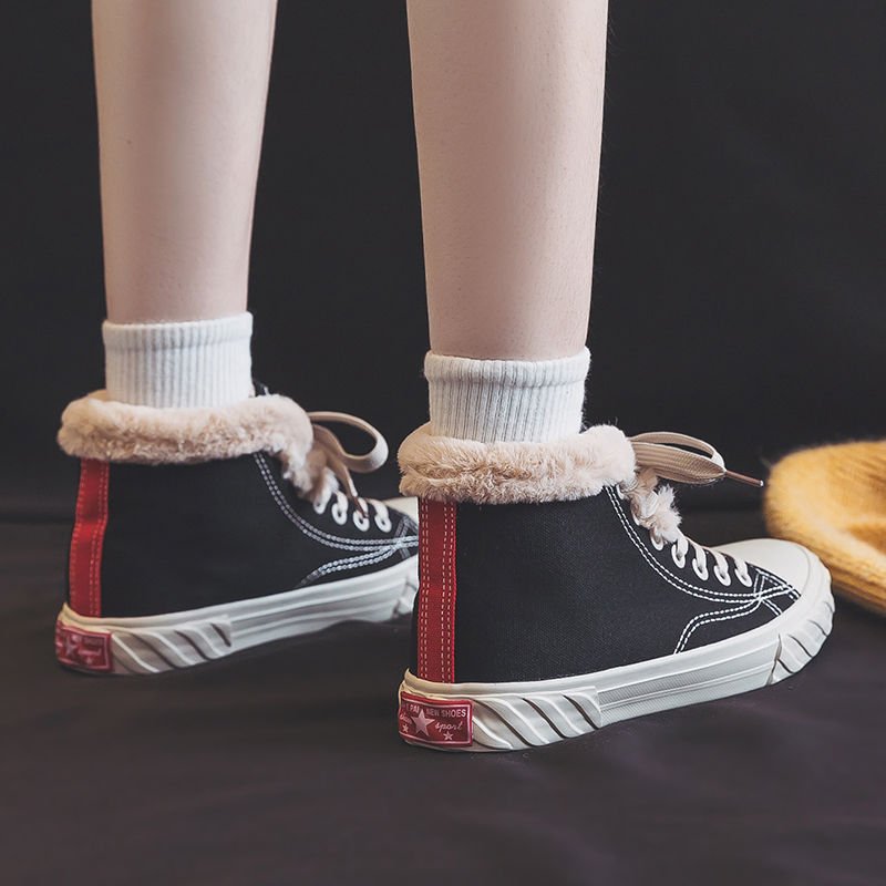 Women's Warm Black Winter Thick Flat High-top With Velvet Canvas Shoes - الصورة 3