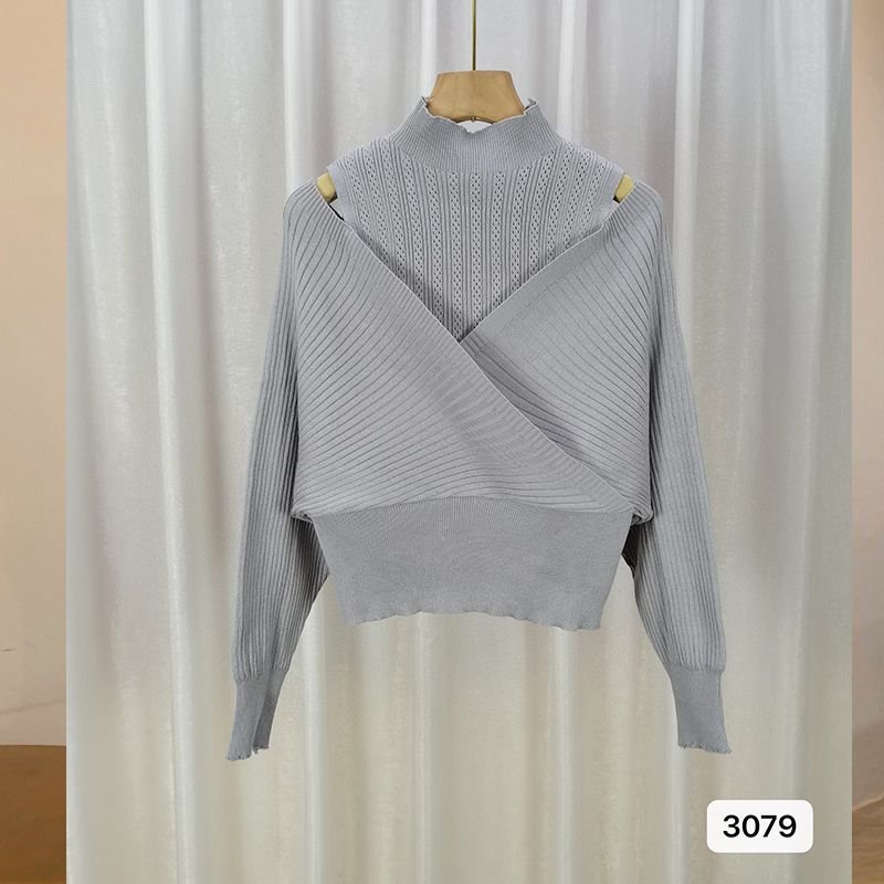 Spliced Long-sleeved Off-shoulder Knitted Slim-fit Semi-high Neck Sweater - الصورة 2