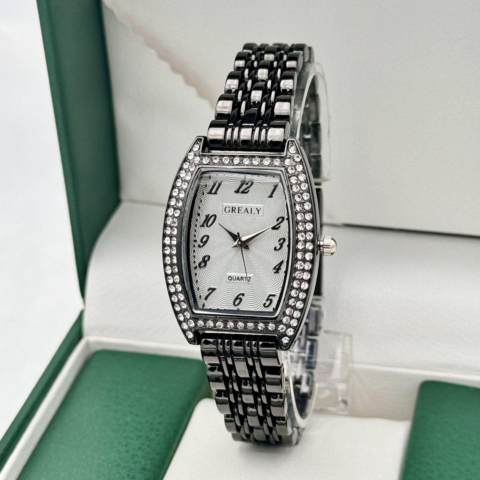 Diamond-encrusted Watch Barrel-shaped Dial Metal Bracelet Quartz Ladies' Watch - الصورة 4