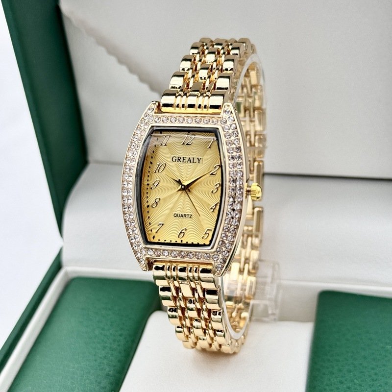 Diamond-encrusted Watch Barrel-shaped Dial Metal Bracelet Quartz Ladies' Watch - الصورة 9