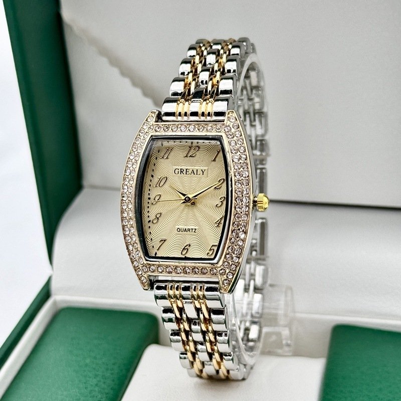 Diamond-encrusted Watch Barrel-shaped Dial Metal Bracelet Quartz Ladies' Watch - الصورة 5