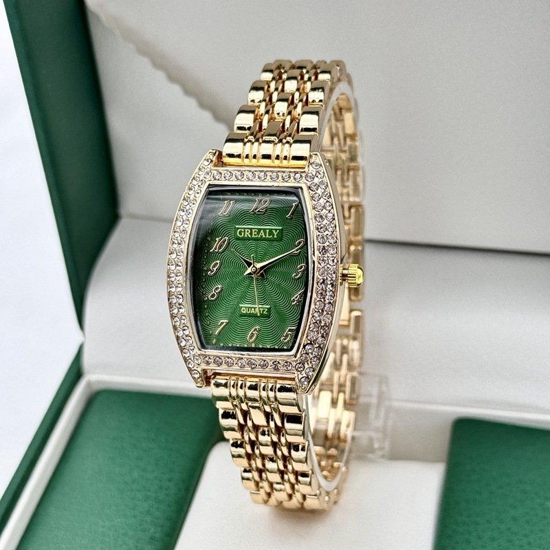 Diamond-encrusted Watch Barrel-shaped Dial Metal Bracelet Quartz Ladies' Watch - الصورة 6
